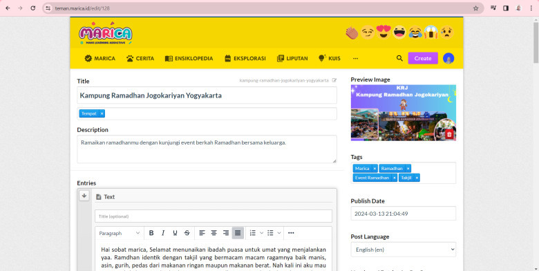 2.	Lalu isi judul, kategori, deskripsi dan isi postingan sesuai dengan apa yang ingin kamu sampaikan, semisal “Liputan: Kampung Ramadhan Jogokarian”