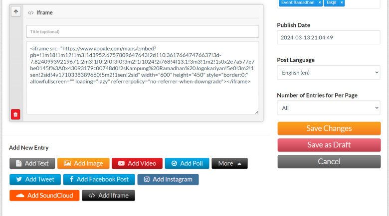 7.	Salin pada add Iframe lalu klik create atau save changes jika postingan sudah selesai.