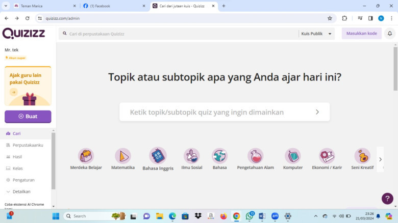 1.	Buka link quiziz dan pilih kategori quiz yang akan digunakan
