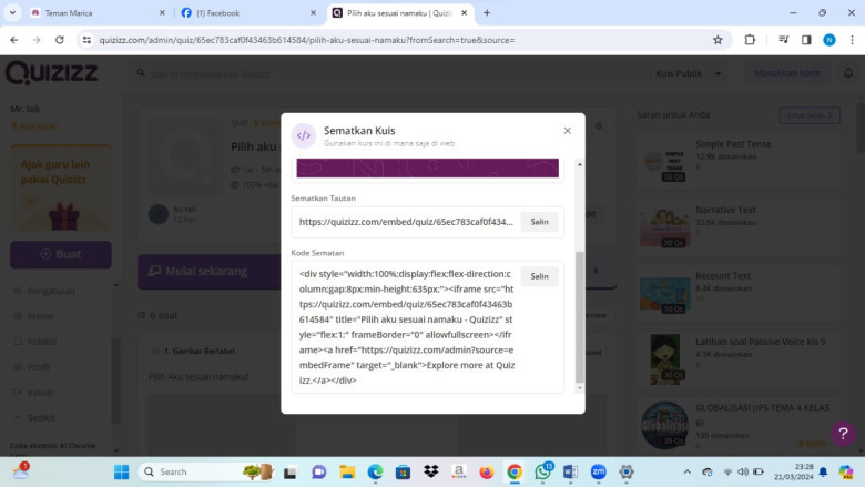 3.	Setelah selesai, Copy link quiziz yang sudah dibuat pilih pada “kode sematan”