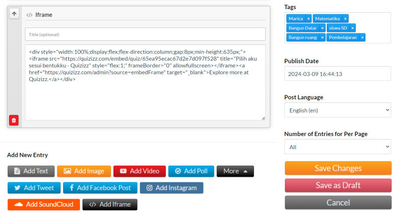 7.	Pada Add Iframe salin link yang sudah dicopy tadi, Lalu pilih create ataupun save changes jika sudah mengedit postingan.