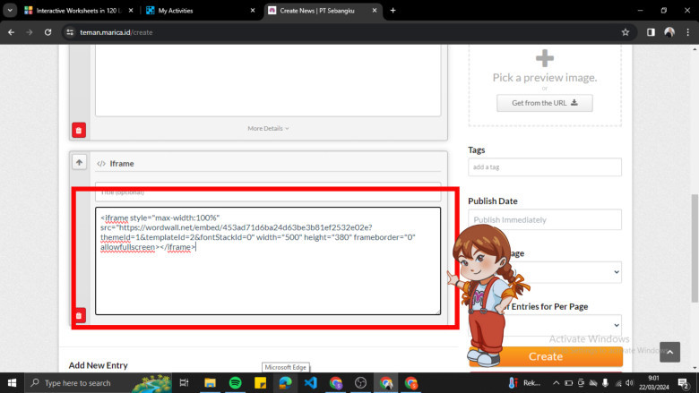 15. Tempelkan link games liveworksheets yang telah di salin di kolom Iframe Teman Marica